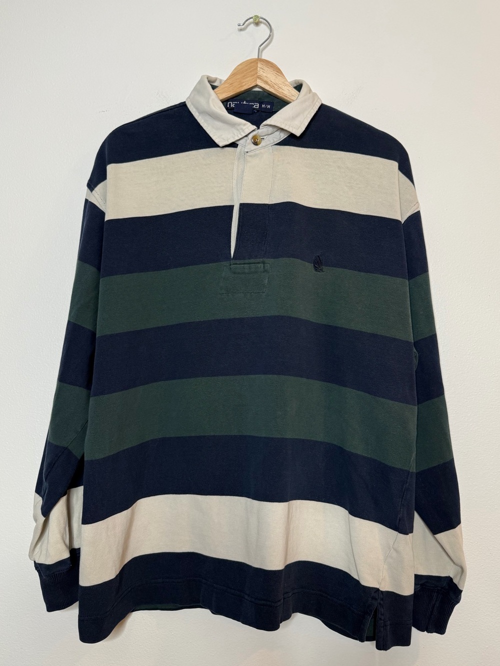 True Vintage Nautica Cotton Striped Rugby Polo navy green cream longsleeve